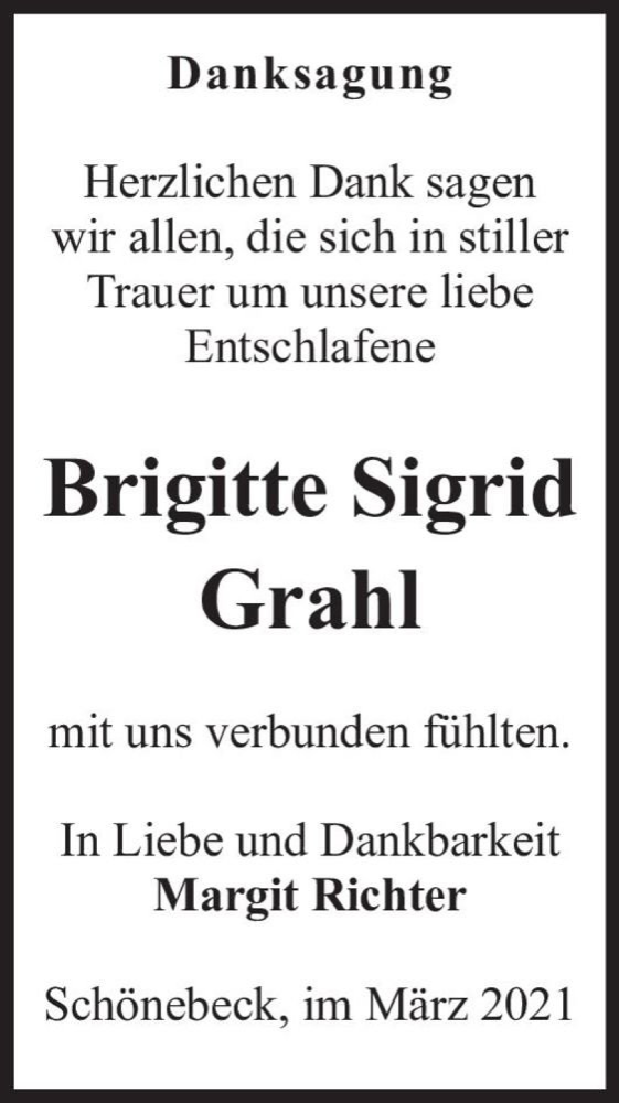  Traueranzeige für Brigitte Sigrid Grahl  vom 06.03.2021 aus Magdeburger Volksstimme