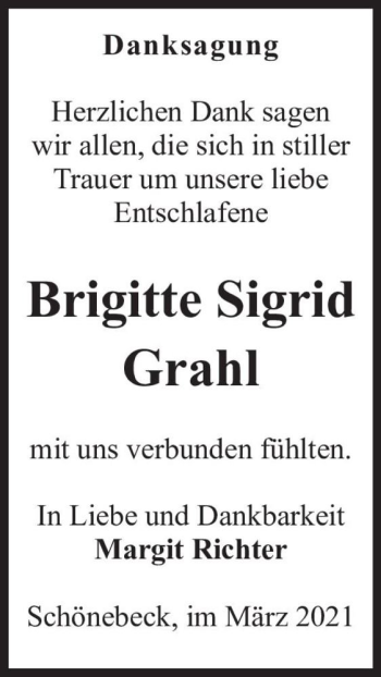Traueranzeige von Brigitte Sigrid Grahl  von Magdeburger Volksstimme