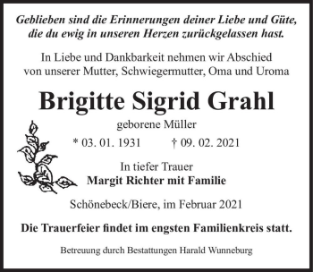 Traueranzeige von Brigitte Sigrid Grahl (geb. Müller)  von Magdeburger Volksstimme