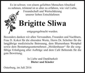 Traueranzeige von Brigitte Sliwa  von Magdeburger Volksstimme