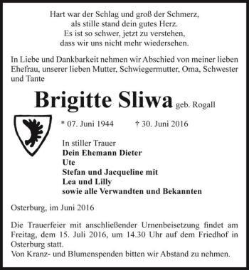Traueranzeige von Brigitte Sliwa (geb. Rogall)  von Magdeburger Volksstimme