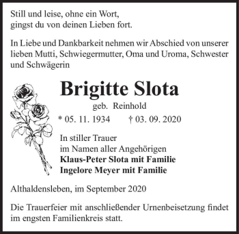 Traueranzeige von Brigitte Slota (geb. Reinhold)  von Magdeburger Volksstimme