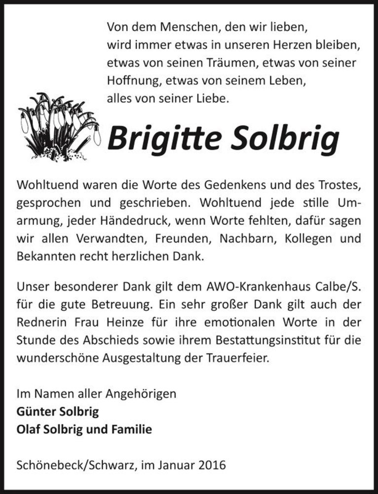  Traueranzeige für Brigitte Solbrig  vom 30.01.2016 aus Magdeburger Volksstimme