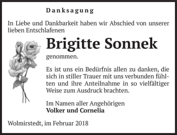 Traueranzeige von Brigitte Sonnek  von Magdeburger Volksstimme
