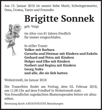 Traueranzeige von Brigitte Sonnek (geb. Voigt)  von Magdeburger Volksstimme
