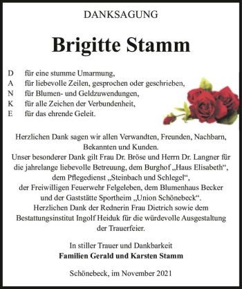 Traueranzeige von Brigitte Stamm  von Magdeburger Volksstimme