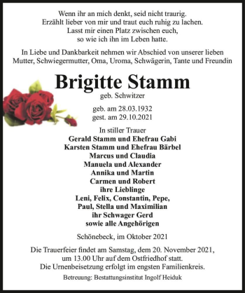 Traueranzeige von Brigitte Stamm (geb. Schwitzer)  von Magdeburger Volksstimme