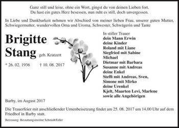 Traueranzeige von Brigitte Stang (geb. Kratzert)  von Magdeburger Volksstimme