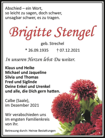 Traueranzeige von Brigitte Stengel (geb. Strechel)  von Magdeburger Volksstimme