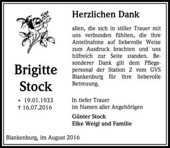 Traueranzeige von Brigitte Stock  von Magdeburger Volksstimme