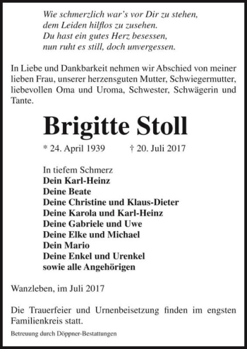 Traueranzeige von Brigitte Stoll  von Magdeburger Volksstimme