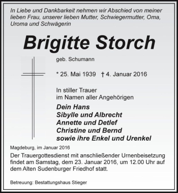 Traueranzeige von Brigitte Storch (geb. Schumann)  von Magdeburger Volksstimme