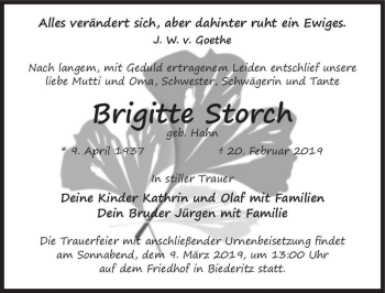 Traueranzeige von Brigitte Storck (geb. Hahn)  von Magdeburger Volksstimme
