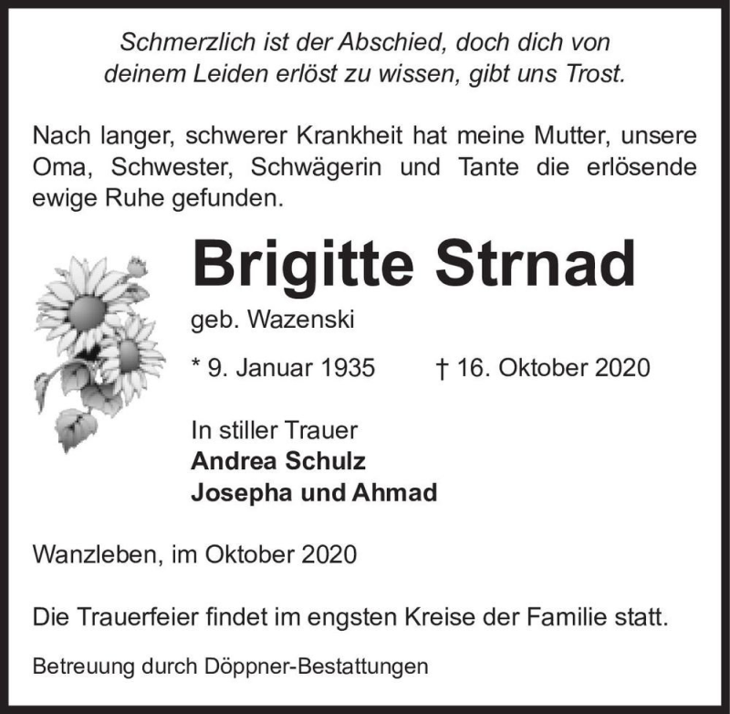  Traueranzeige für Brigitte Strnad (geb. Wazenski)  vom 24.10.2020 aus Magdeburger Volksstimme