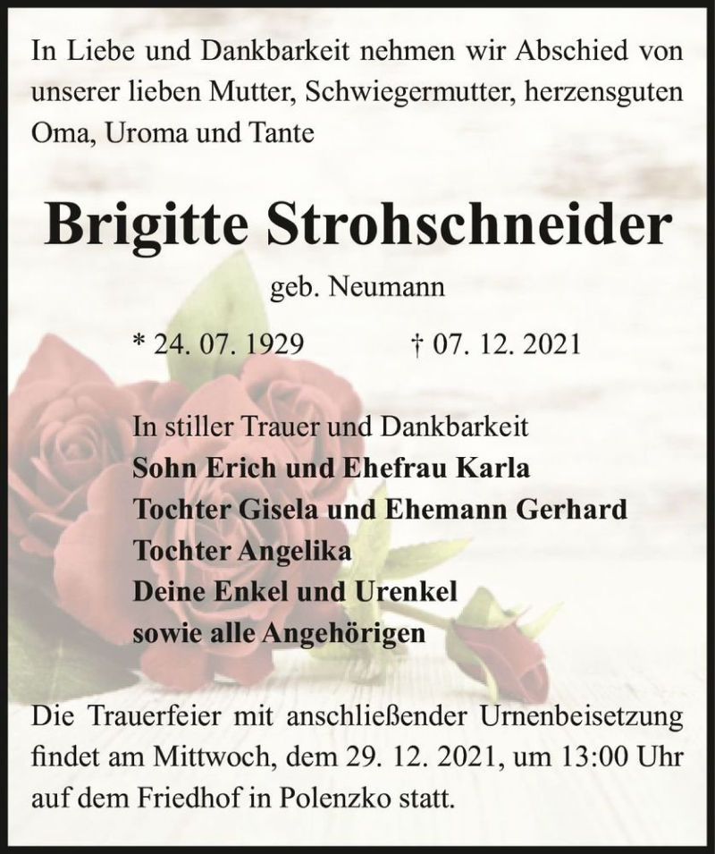  Traueranzeige für Brigitte Strohschneider (geb. Neumann)  vom 11.12.2021 aus Magdeburger Volksstimme