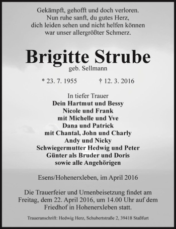 Traueranzeige von Brigitte Strube (geb. Sellmann)  von Magdeburger Volksstimme