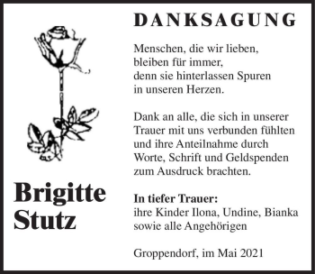 Traueranzeige von Brigitte Stutz  von Magdeburger Volksstimme