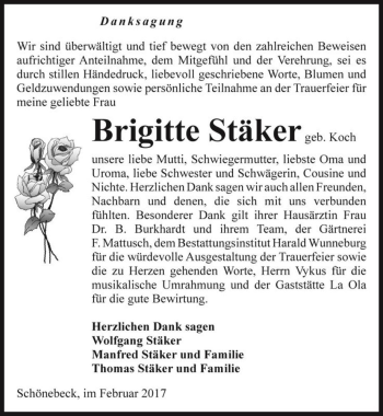 Traueranzeige von Brigitte Stäker (geb. Koch)  von Magdeburger Volksstimme