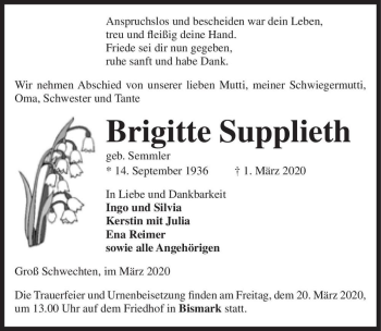 Traueranzeige von Brigitte Supplieth (geb. Semmler)  von Magdeburger Volksstimme