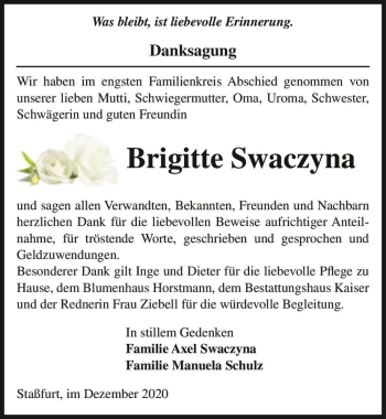 Traueranzeige von Brigitte Swaczyna  von Magdeburger Volksstimme
