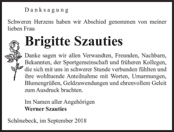 Traueranzeige von Brigitte Szauties  von Magdeburger Volksstimme