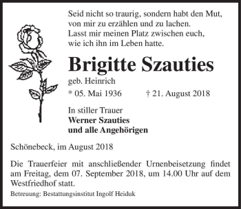 Traueranzeige von Brigitte Szauties (geb. Heinrich)  von Magdeburger Volksstimme