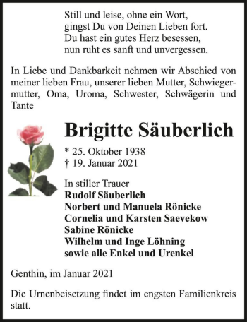 Traueranzeige von Brigitte Säuberlich  von Magdeburger Volksstimme