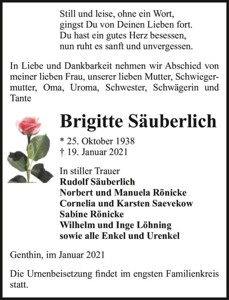  Traueranzeige für Brigitte Säuberlich  vom 23.01.2021 aus Magdeburger Volksstimme