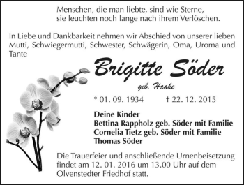 Traueranzeige von Brigitte Söder (geb. Haake)  von Magdeburger Volksstimme