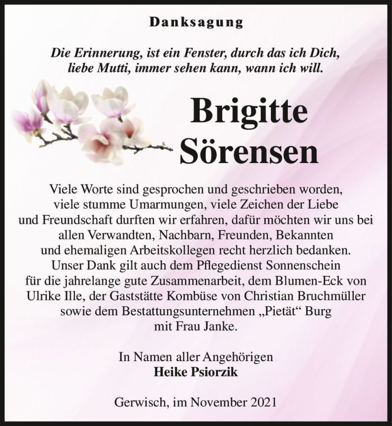  Traueranzeige für Brigitte Sörensen  vom 20.11.2021 aus Magdeburger Volksstimme