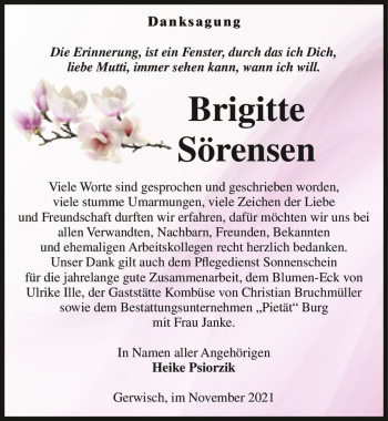 Traueranzeige von Brigitte Sörensen  von Magdeburger Volksstimme