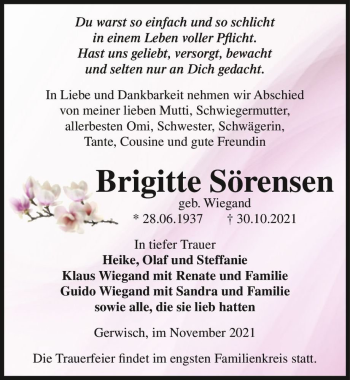 Traueranzeige von Brigitte Sörensen (geb. Wiegand)  von Magdeburger Volksstimme