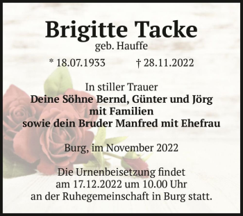 Traueranzeige von Brigitte Tacke (geb. Hauffe)  von Magdeburger Volksstimme
