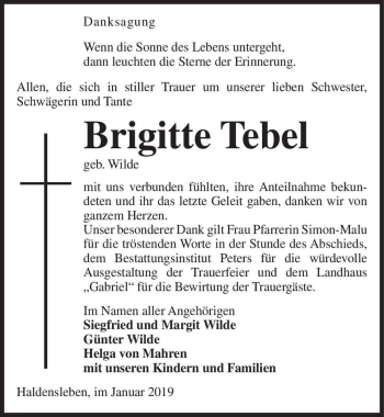 Traueranzeige von Brigitte Tebel (geb. Wilde)  von Magdeburger Volksstimme
