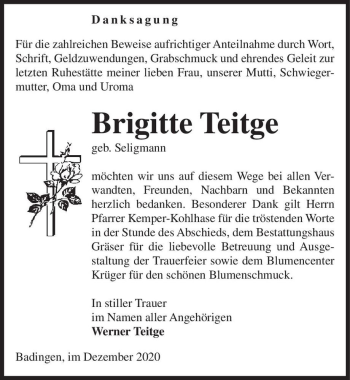 Traueranzeige von Brigitte Teitge (geb. Seligmann)  von Magdeburger Volksstimme
