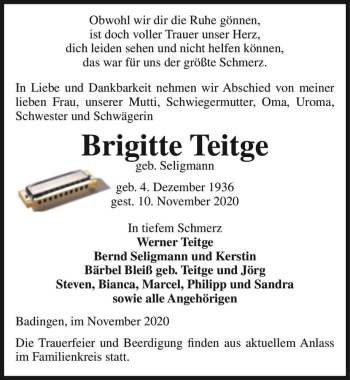 Traueranzeige von Brigitte Teitge (geb. Seligmann)  von Magdeburger Volksstimme