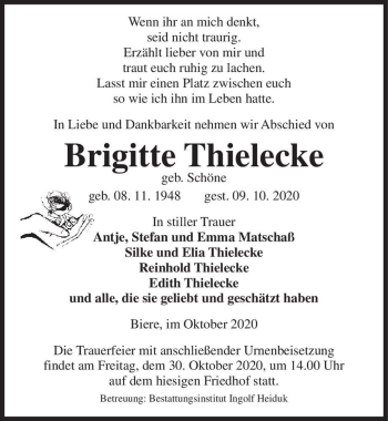 Traueranzeige von Brigitte Thielecke (geb. Schöne)  von Magdeburger Volksstimme