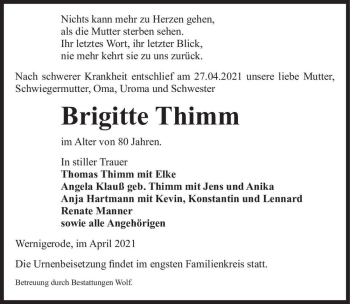 Traueranzeige von Brigitte Thimm  von Magdeburger Volksstimme