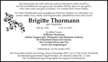 Traueranzeige von Brigitte Thormann (geb. Karpinski)  von Magdeburger Volksstimme
