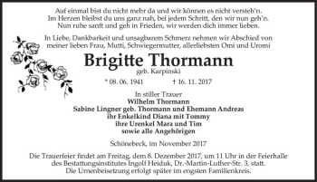 Traueranzeige von Brigitte Thormann (geb. Karpinski)  von Magdeburger Volksstimme