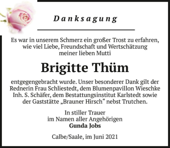 Traueranzeige von Brigitte Thüm  von Magdeburger Volksstimme