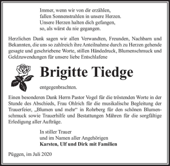 Traueranzeige von Brigitte Tiedge  von Magdeburger Volksstimme