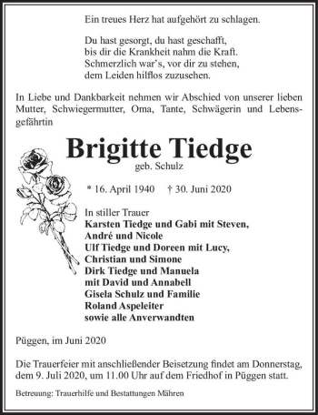 Traueranzeige von Brigitte Tiedge (geb. Schulz)  von Magdeburger Volksstimme