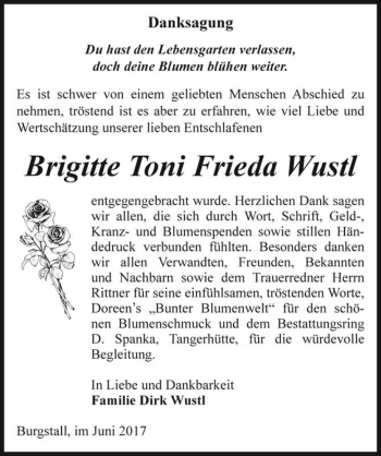 Traueranzeige von Brigitte Toni Frieda Wustl  von Magdeburger Volksstimme