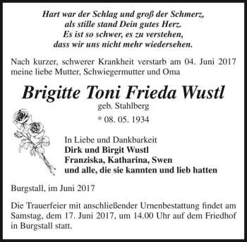Traueranzeige von Brigitte Toni Frieda Wustl (geb. Stahlberg)  von Magdeburger Volksstimme