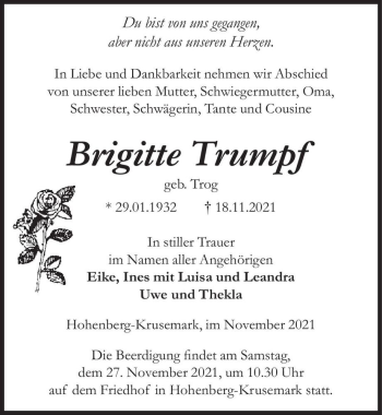 Traueranzeige von Brigitte Trumpf (geb. Trog)  von Magdeburger Volksstimme