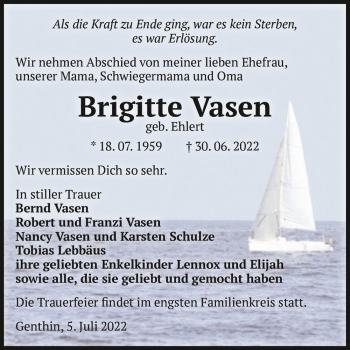 Traueranzeige von Brigitte Vasen (geb. Ehlert)  von Magdeburger Volksstimme