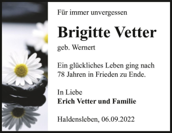 Traueranzeige von Brigitte Vetter (geb. Wernert)  von Magdeburger Volksstimme