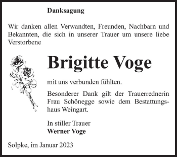 Traueranzeige von Brigitte Voge  von Magdeburger Volksstimme