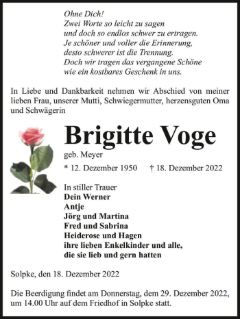 Traueranzeige von Brigitte Voge (geb. Meyer)  von Magdeburger Volksstimme